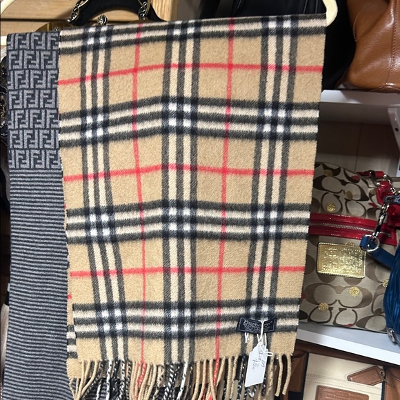 Burberry Accessories - Burberrys London Tan Plaid Scarf with Red and Black Accents